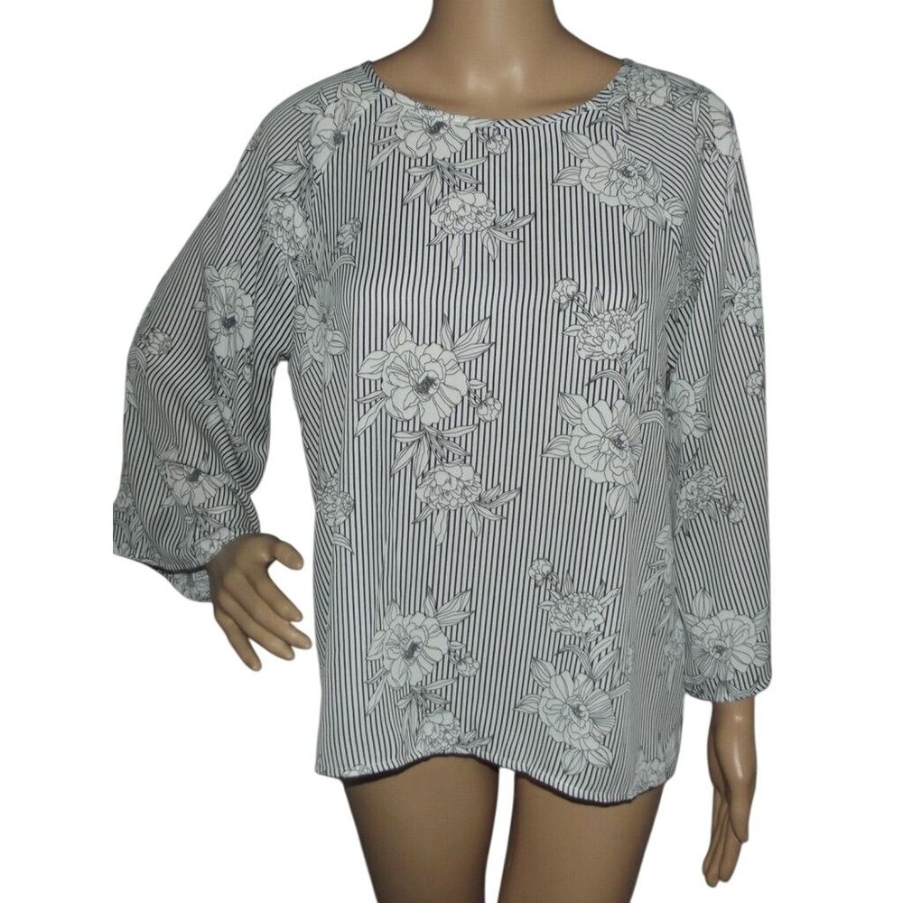 Paper Moon Blouse Womens Size Medium black white striped floral hi lo hem flowy